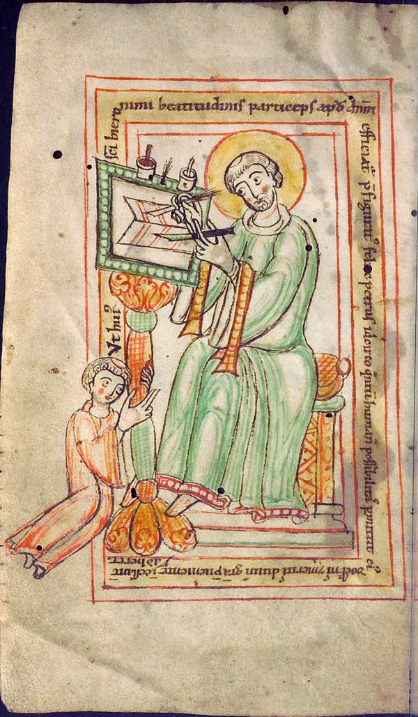 Beda Venerabilis og Paschasius Radbertus, kalvepergament fra slutten av 1100-tallet, Codex Guelferbytanus 1030 Helmstadiensis