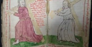 Doppelseite eines Gebetbuchs, die umrahmt von Text links und rechts jeweils eine Frau mit einem Kreuz über der Schulter zeigt