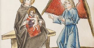 Ein Engel tritt mit geöffneten Armen an einen Mann mit Tonsur in einer Kutte heran. Dieser hält einen kleineren Mann mit einem Kind in den Armen in seinen Händen.