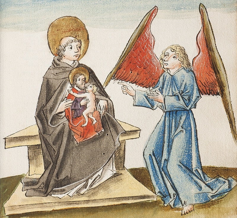 Ein Engel tritt mit geöffneten Armen an einen Mann mit Tonsur in einer Kutte heran. Dieser hält einen kleineren Mann mit einem Kind in den Armen in seinen Händen.
