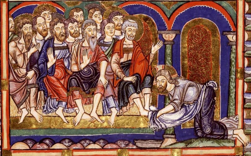 Gemälde: Eine Gruppe Männer sitzt mit teils erhobenen Händen links im Bild. Rechts davon kniet ein weiterer Mann. Alle tragen Gewänder.