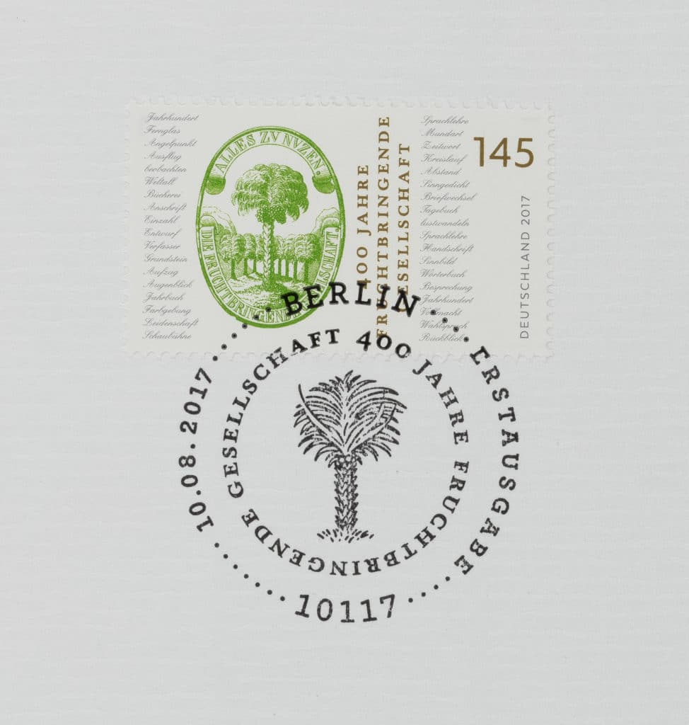 Gedenk-Briefmarke der Deutschen Post AG zum 400. Gründungsjubiläum der Fruchtbringenden Gesellschaft 2017