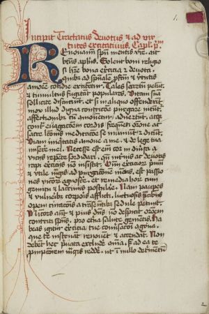 Cod. Guelf. 269 Extravagantes, fol. 1r: Papierhandschrift aus dem späten 15. Jahrhundert mit Traktaten über das Leben der Klosterfrauen mit blauer R-Initiale und sog. Fleuronné-Ornament in Rot