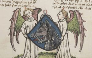 Zwei Gestalten mit Flügeln halten einen Schild, auf dem ein Wolf abgebildet ist, in den Händen