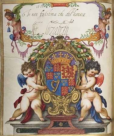 Wappen von Elizabeth Stuart, Kurfürstin von der Pfalz, mit eigenhändiger Unterschrift