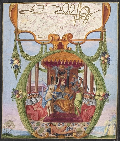 Krönung Kaiser Rudolfs II. im Kreis von sechs Kurfürsten, mit eigenhändiger Unterschrif