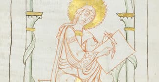 Zeichnung eines Mannes, der in einem Gewand auf einem Schemel sitzend ein Pergament beschreibt