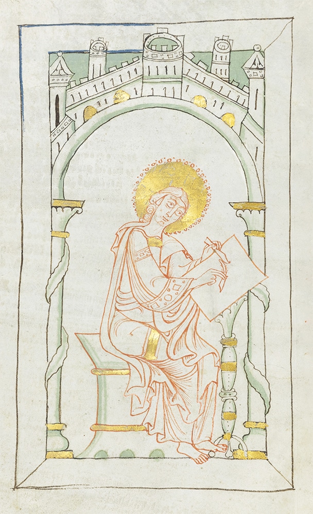 Zeichnung eines Mannes, der in einem Gewand auf einem Schemel sitzend ein Pergament beschreibt
