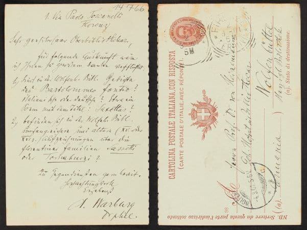 Aby Warburg an Otto von Heinemann, Postkarte aus Florenz vom 02. März 1901
