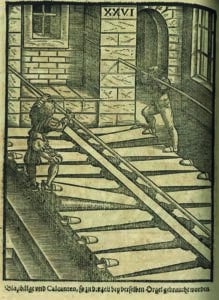 Bedienung der Orgelblasebälge. Michael Praetorius: Theatrum Instrumentorum, Wolfenbüttel 1620