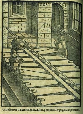 Bedienung der Orgelblasebälge. Michael Praetorius: Theatrum Instrumentorum, Wolfenbüttel 1620