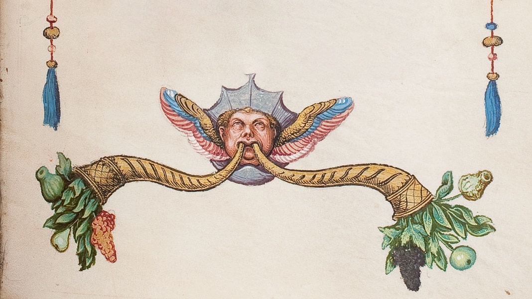 Zeichnung eines männlichen Kopfes, dem zwei Füllhörner aus dem Mund kommen