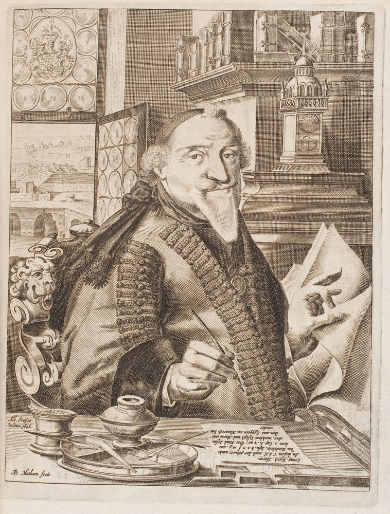 Der Fürst als gelehrter Autor: Herzog August von Braunschweig-Lüneburg (1579-1666), Kupferstich von Adriaen Matham, 1646.