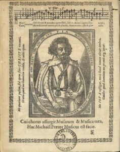 Das Porträt, das Michael Praetorius allen Bänden seiner „Musae Sioniae“ voranstellte (Regensburg 1605; HAB: 2.5.5 Musica (1))