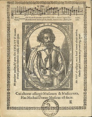 Das Porträt, das Michael Praetorius allen Bänden seiner „Musae Sioniae“ voranstellte  (Regensburg 1605; HAB: 2.5.5 Musica (1))