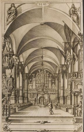 Blick auf die von Gottfried Fritzsche-Orgel nach einem Entwurf von Praetorius gebaute Orgel in der Wolfenbütteler Hauptkirche (Kupferstich von Albert Freyse und Sebastian Furck, um 1650; HAB: T 904.2° Helmst. (1))