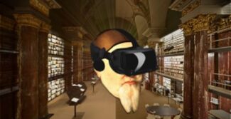 Der Kopf von Herzog August in einem VR-Headset, im Hintergrund die Augsteerhalle der Bibliotheca Augusta