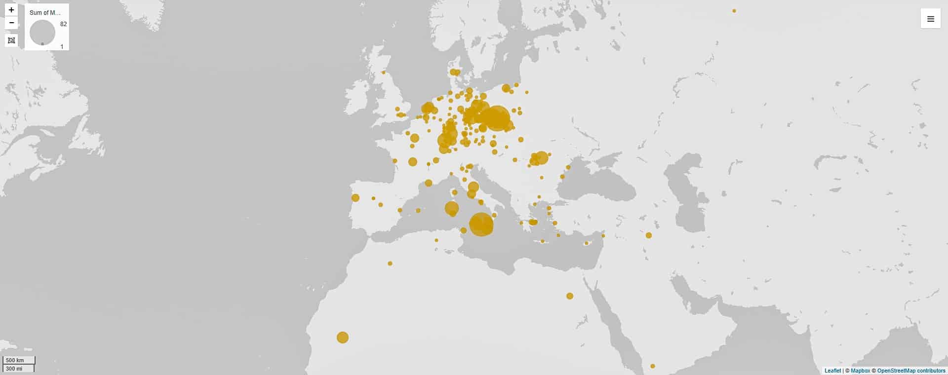 Ansicht einer Landkarte, die primär Europa aber auch Teile Asiens und Nordafrikas zeigt. Gelbe Kreise markieren bestimmte Orte.