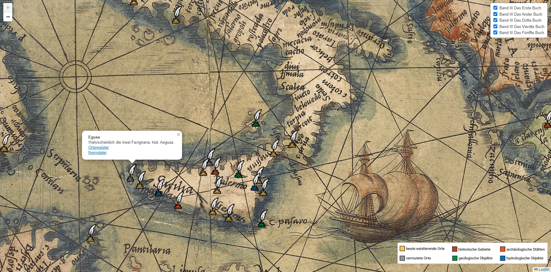 Eine historische Kartendarstellung Süditaliens, auf der Textverweise mit Schreibfedern markiert sind.