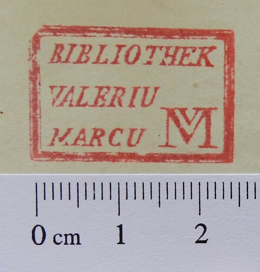 Besitzstempel, der die eindeutige Zuordnung des Bandes zur Privatbibliothek von Valeriu Marcu ermöglichte